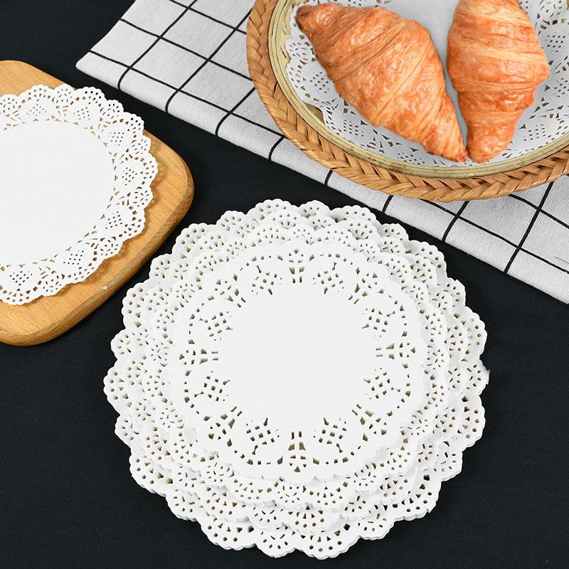 100pcs White Round Lace Doilies Paper Coaster Placemat Cake Mat DIY Craft Gift Packaging Wedding Birthday Party Table Decoration