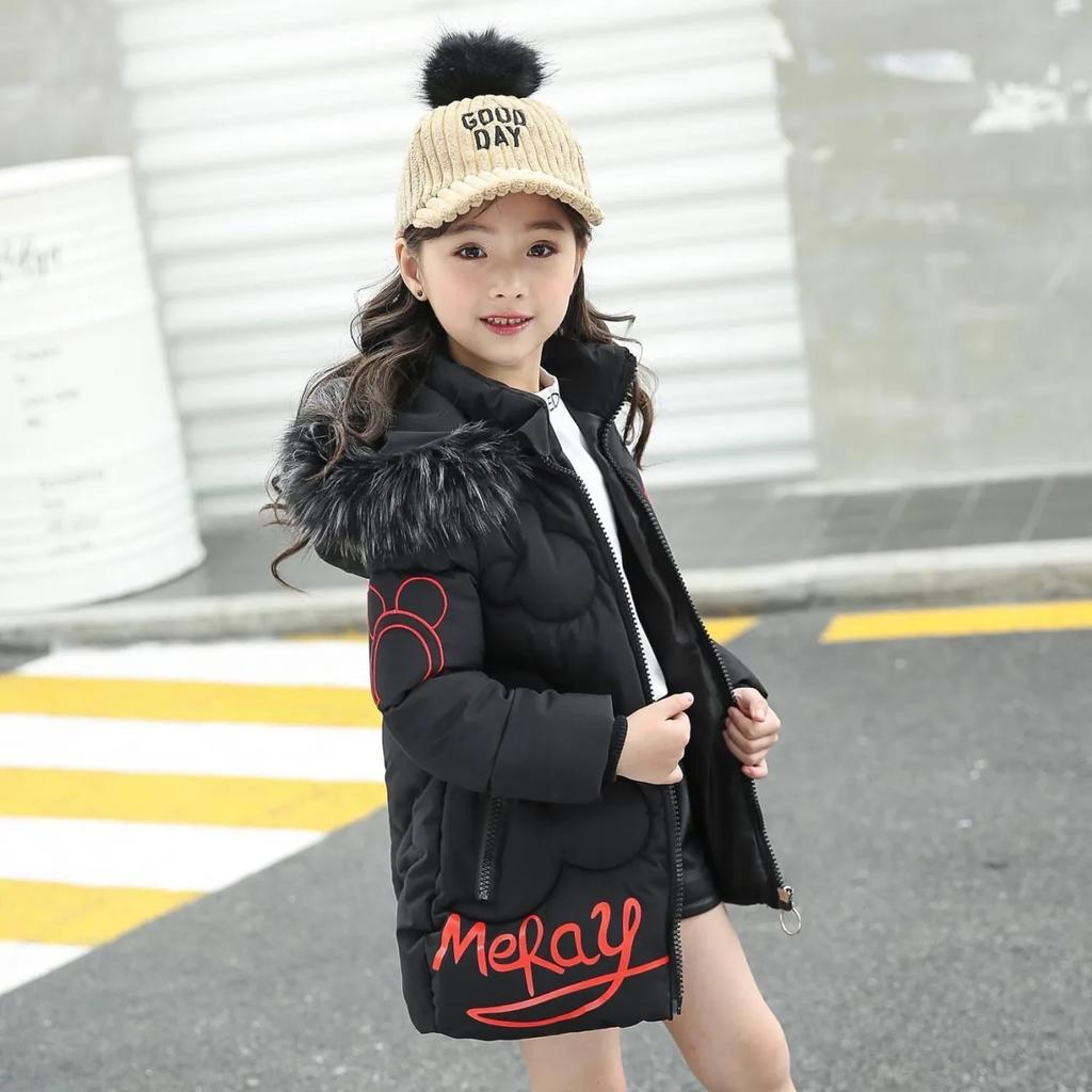 Girls' Winter Mid-Length Thickened Warm Tops Hooded Slim-Fit Letter Print Jacket