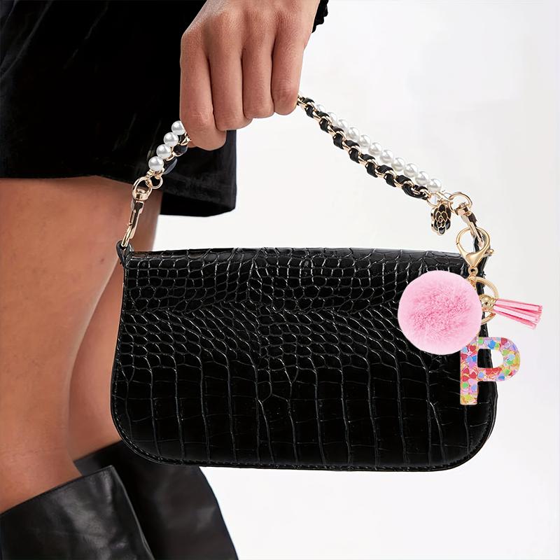 1 Stück Schlüsselanhänger Bunt A-Z Geschenk Quaste Schlüsselzubehör Legierung Flauschiger Schlüsselanhänger Initialanhänger Für Taschen Rucksäcke Glitzer