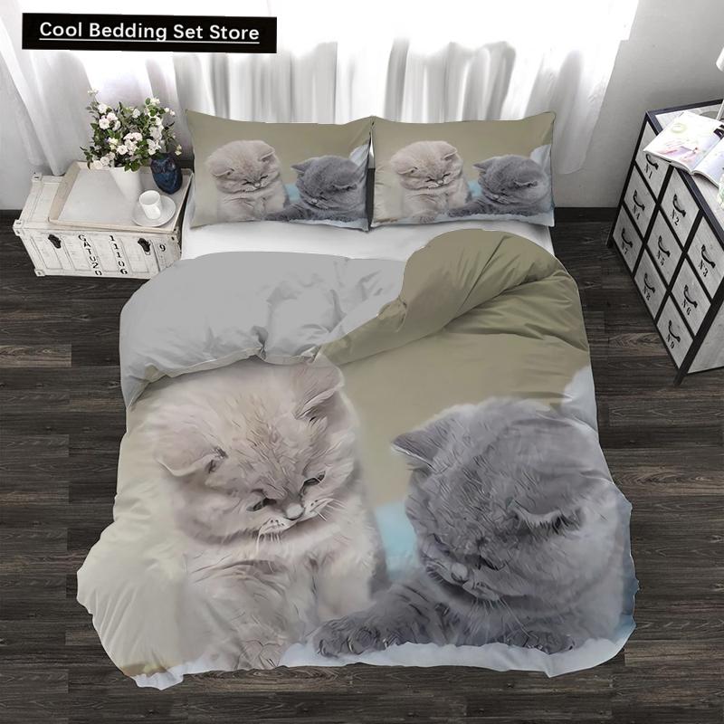 Super Cute Kitten Kids Bedding Set Kawaii Girl Quilt Cove King Queen Size Cat Animal 2/3pcs Polyester Duvet Cover (No Sheet)