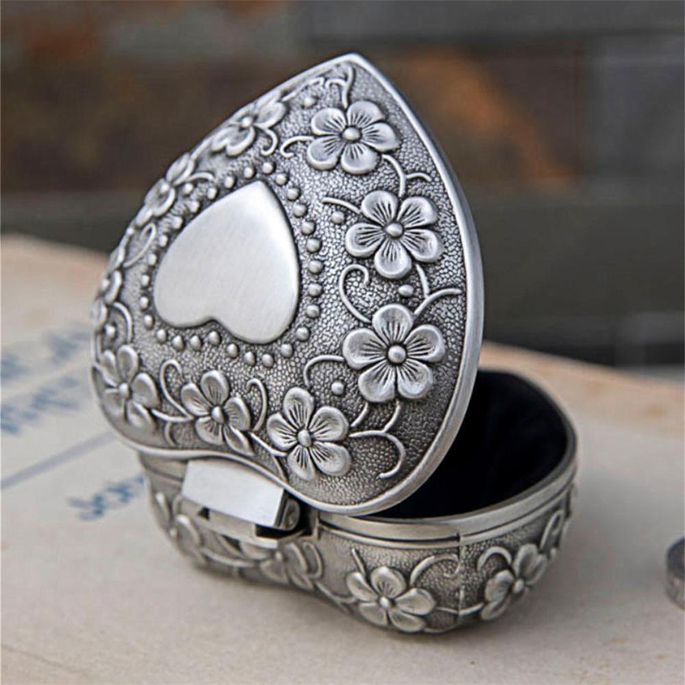 1PC Alloy Antique Jewelry Box Silver Heart Shape Ring Box Classic Portable Small Trinket Storage Organizer Chest for Jewelry