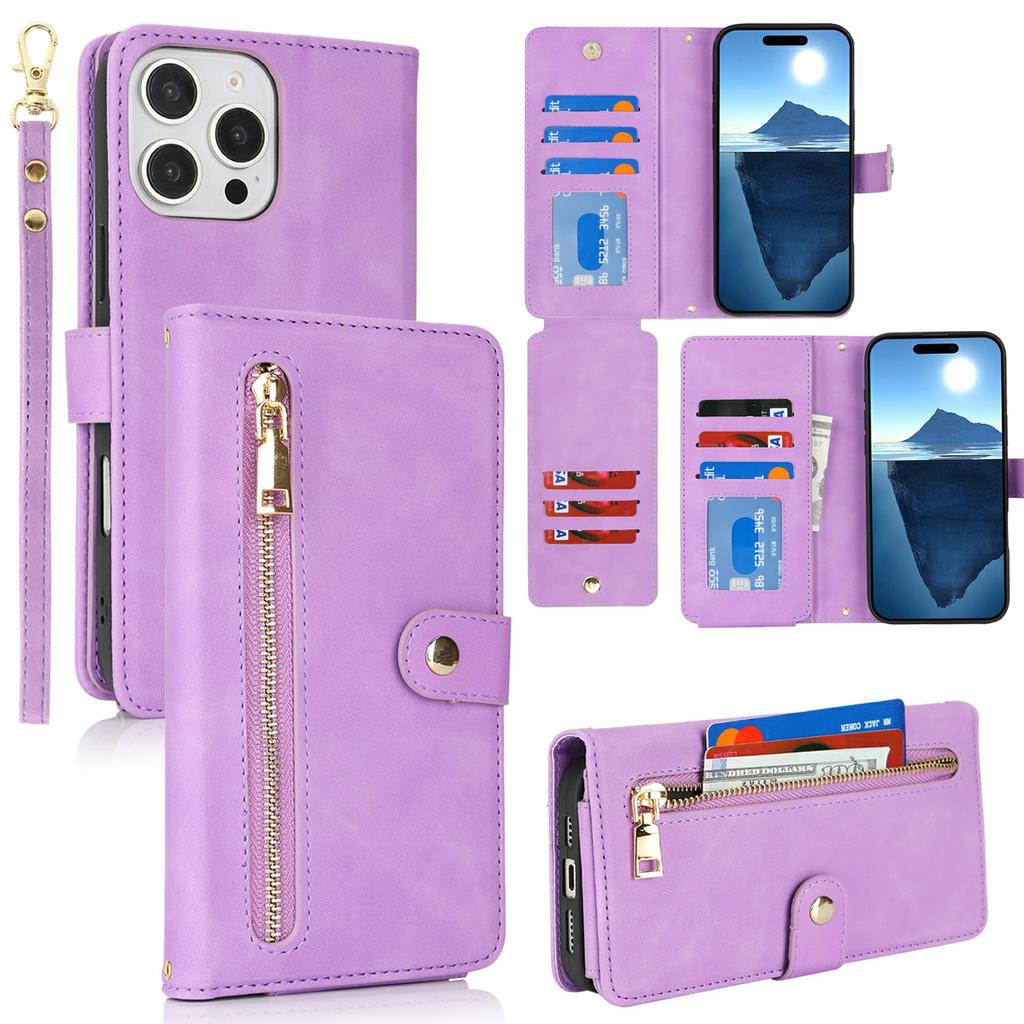 For iPhone 16 Pro Max Stand Case PU Leather Phone Cover with Straps/Zipper Wallet/Multiple Card Slots
