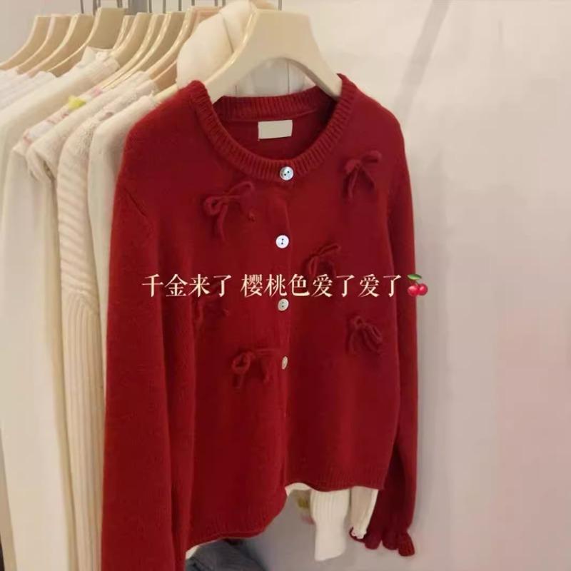 Roter Strickcardigan mit Schleife Damen Frühling und Herbst Design-Sinn Nische Retro Dünne Strickjacke Kurz