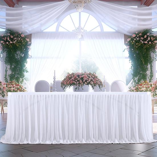 Tulle Table Skirt for Rectangular Tables White Pleated Table Cloth 6Ft/9Ft Wrinkle Free Tablecloth with Tutu Skirt for Wedding Birthday Party