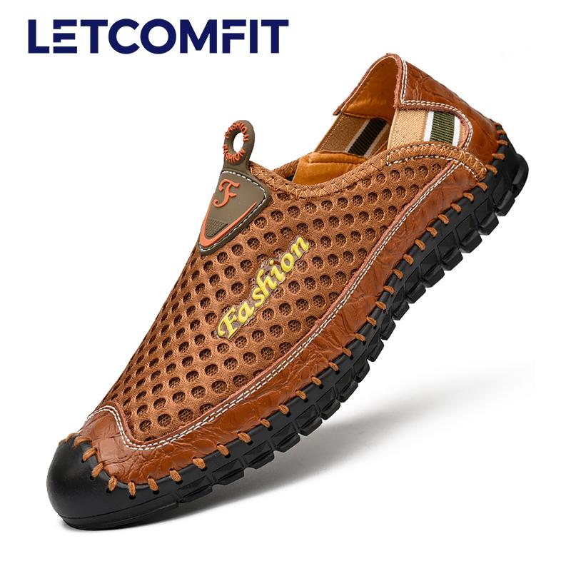 LETCOMFIT Men's Mesh Breath Light Rubber Sole Stitching Non Slip Sandals Hiking Shoes Outdoor Camping Slip On Walking Footwear