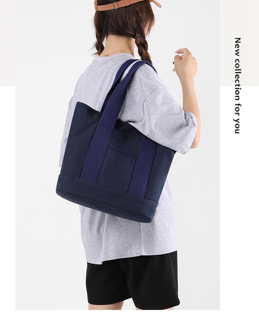 YAYUPLUS Women's Canvas Tote Bag, A4 Size, Large Capacity, Freestanding, Large Divider, Zippered, Solid Color, Mother's Day Gift (Navy, F)