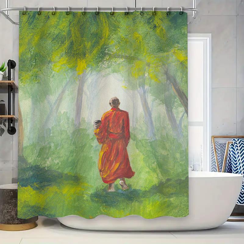

Artistic Shower Curtain With A Tranquil Scene: Man In Robe Walking Under Green Trees Green Bath Decor For Your Home Bathroom (Gr W60H190(CM)-1 Pcs