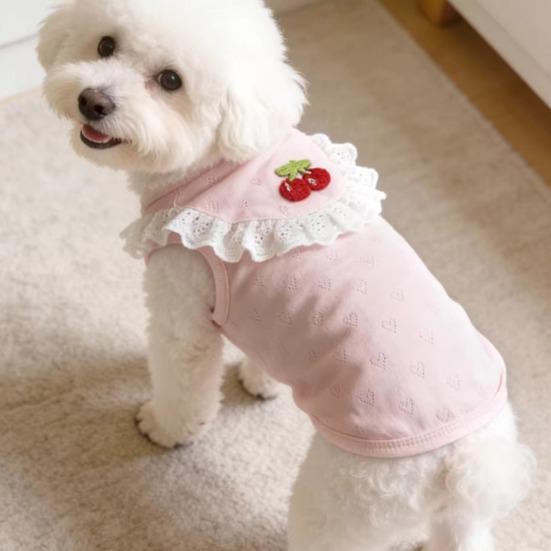 Pet Sleeveless Shirt Spring Summer Lace Ruffle Embroidery Cherry Small Breed Dogs Cats Clothes Breathable Pet Costume Outfit Apparel