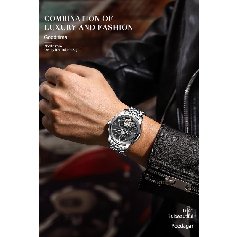 POEDAGAR Orologio da polso meccanico automatico di lusso Acciaio Inossidabile Tourbillon Orologio da uomo Impermeabile Luminoso Orologi da uomo da affari