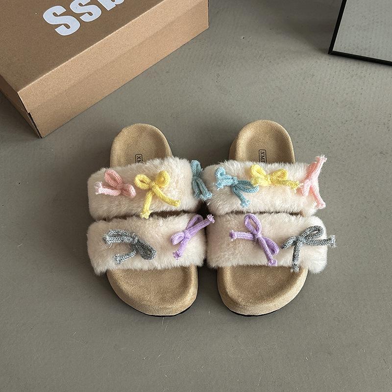 Versatile color matching bow slippers Korean version design sense autumn fashion niche one-word casual shoes girls Mao Mao drag