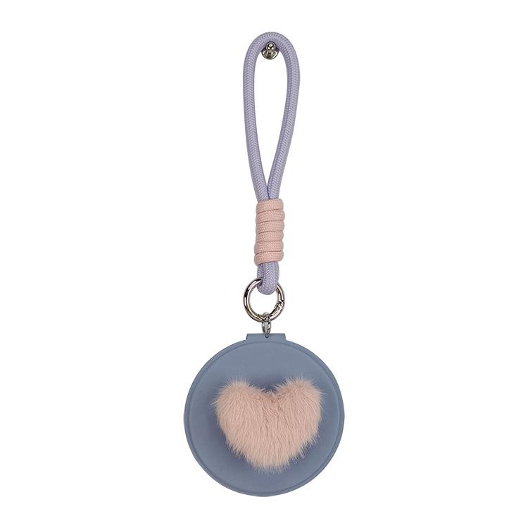 Heart Shape Pom Pom Mirror PU Leather 85mm Round Folding Double-Sided Portable Compact