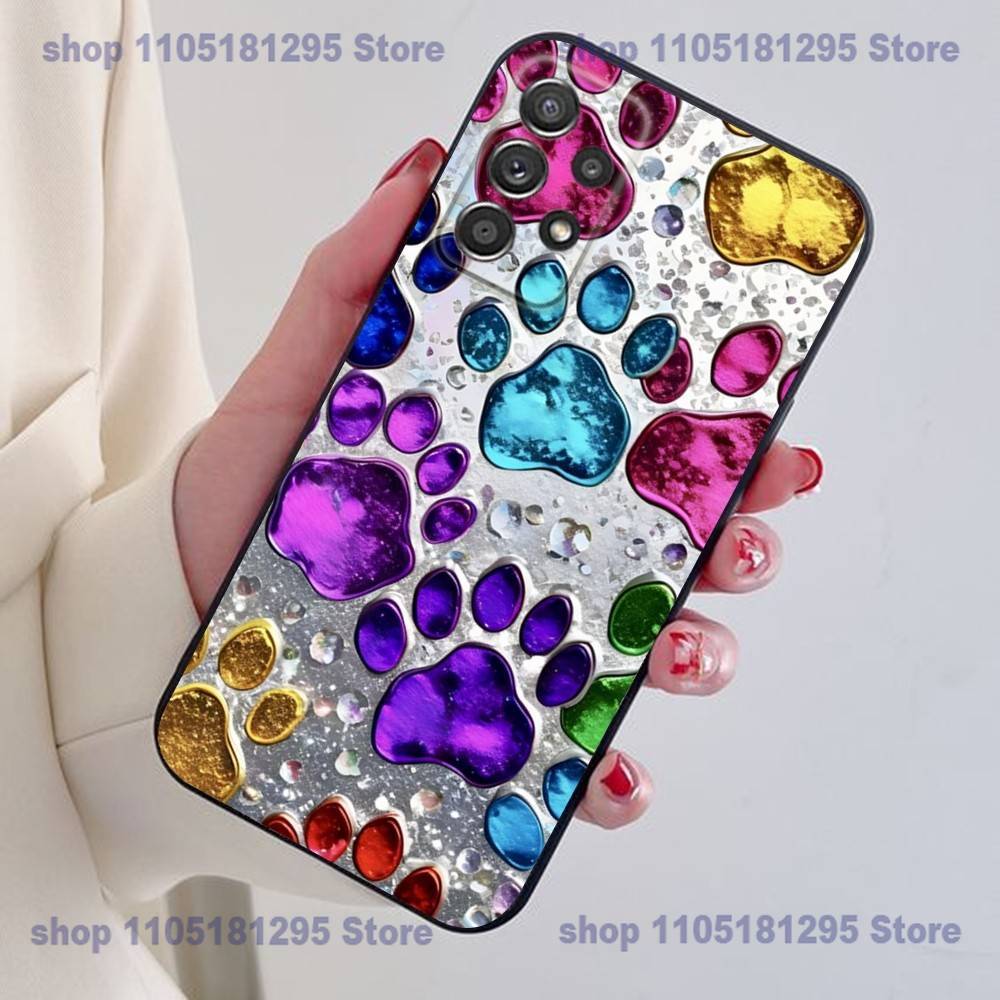 Phone Case For Samsung S24,21,22,23,30,Ultra,20,Plus,Note,10,9,Dog Footprints Puppy Paw Print Black Soft Silicone Case