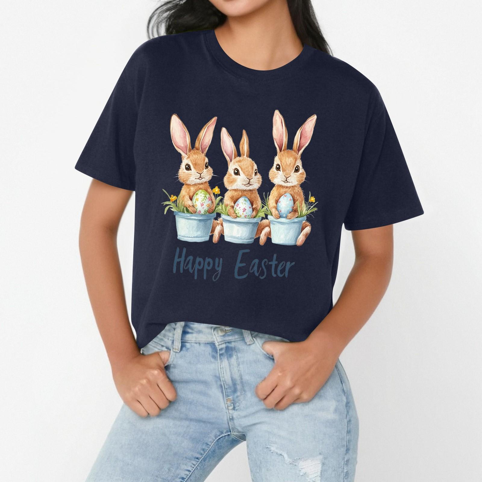 

Happy Easer Women s Casual Easter Print Loose T-shirt Round Neck Pullover Short Sleeve Top L Темно-синій