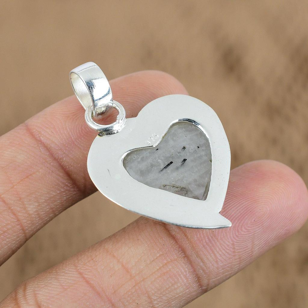 Birthday Gift For Her Natural Black Rutile Gemstone Pendant Heart 925 Silver