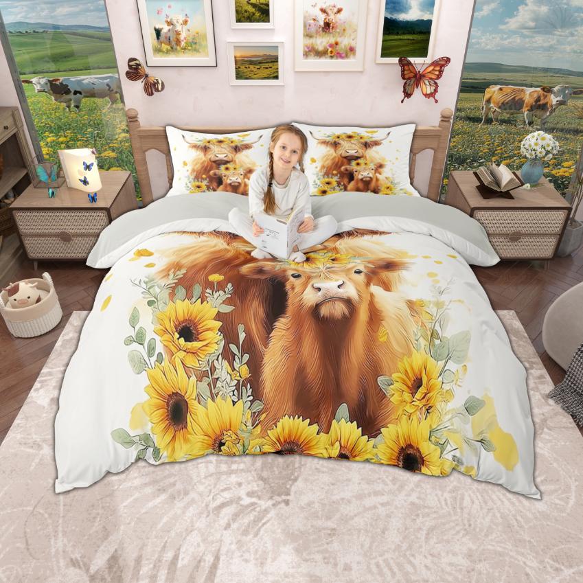 Homewish Highland Cow Duvet Cover Set, Chic Sunflower Bedding Set, Retro Farmhouse Lodge Cabin Quilt Cover Set