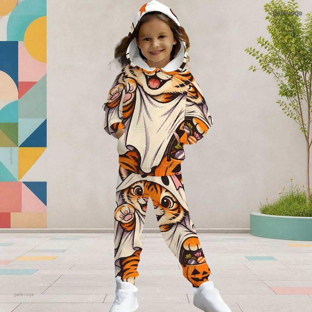 Girls Hooded Long Sleeve Turtle Printed Kangaroo Pocket Top Cuffed Pants Two Piece Set