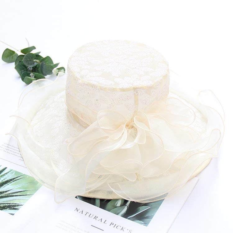 Summer Women Beach Sun Hat Flat Top Ribbon Chiffon Mesh Hat Elegant Wide-brimmed Sun Hat Outing Fashion Organza Flower Hat
