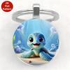 Cute Turtle Playing Ball Keychain - Cartoon Round Pendant Ornament.