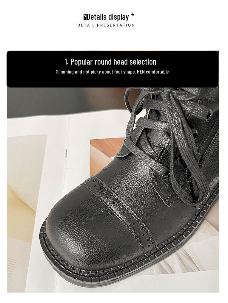 2025 Autumn/Winter Women's Retro British Mid-Calf Lace-Up Belt Buckle Martin Boots - Thick Sole, Height Increasing Western Style