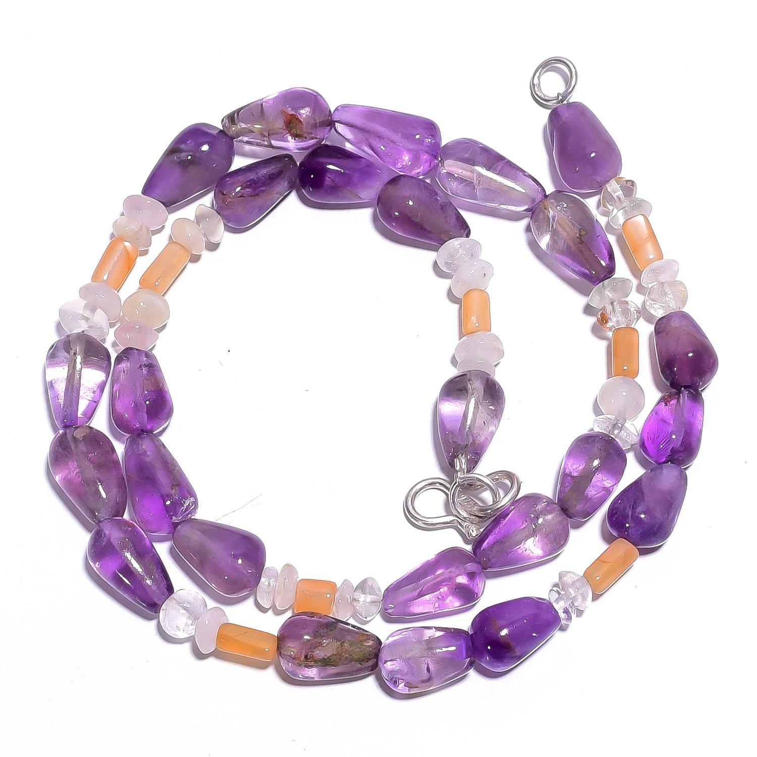 

Natural Amethyst Crystal Moonstone Gemstone Smooth Beads Necklace 17 UB-4495 UB-4495