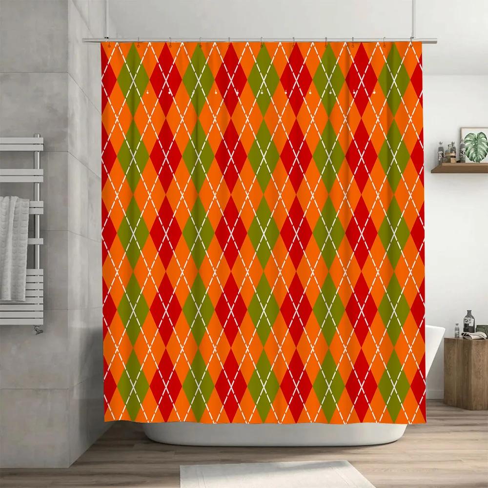 GAEPattern Shower Curtain Waterproof Fabric Decorative Bathroom Accessories Set for Home Decoration Green Orange Argyle Plaid