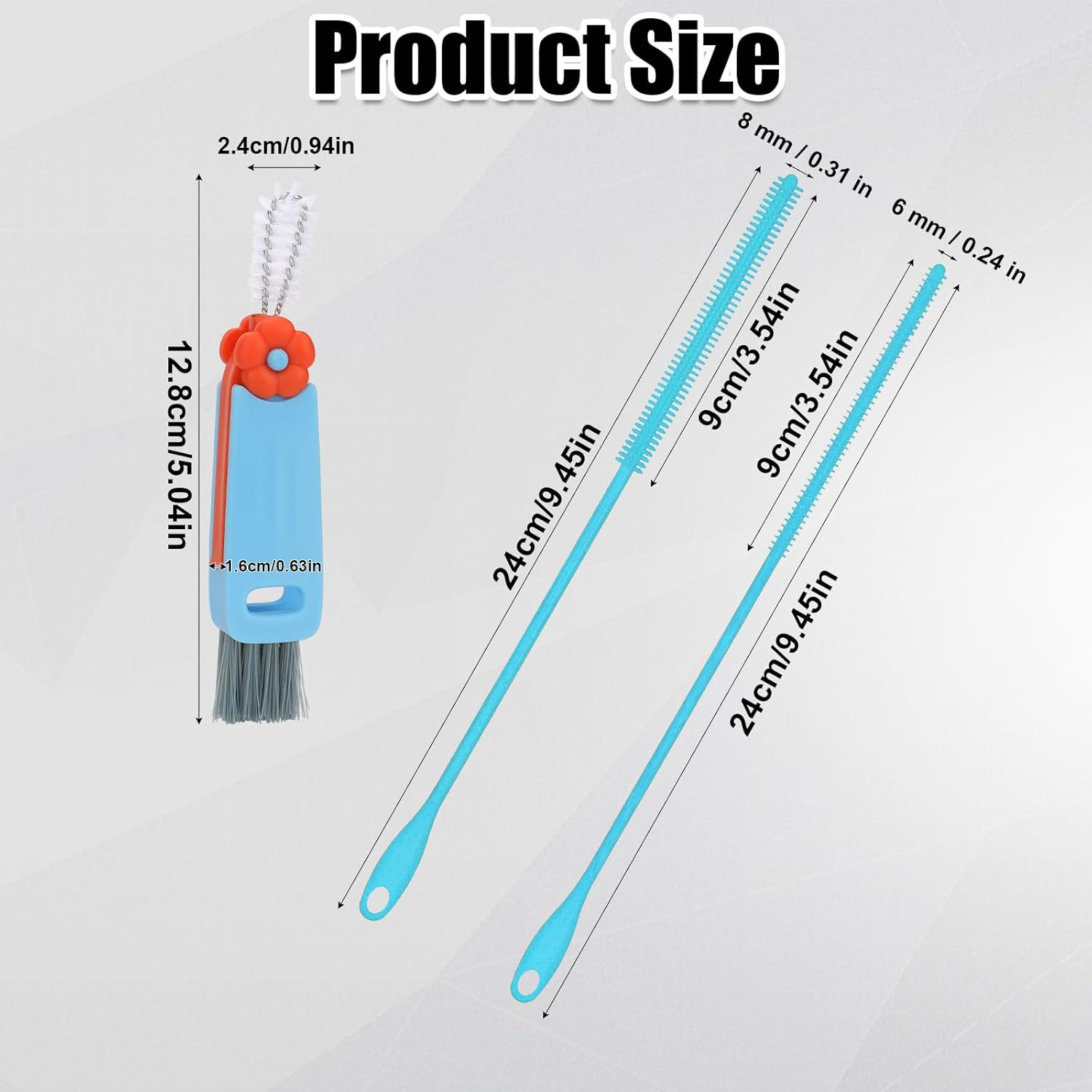 Cleaner Brush Set, 9.45 Inch Silicone Straw Brush with Cup Lid Brush Reusable Water Bottle Straw Cleaner Pipe Cleaners Crevice Brush Kitchen Cleaning