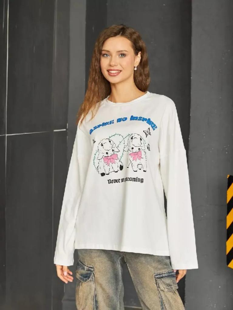 Cute fun age reduction sweet girl heart lamb print autumn European and American style new pure cotton t-shirt