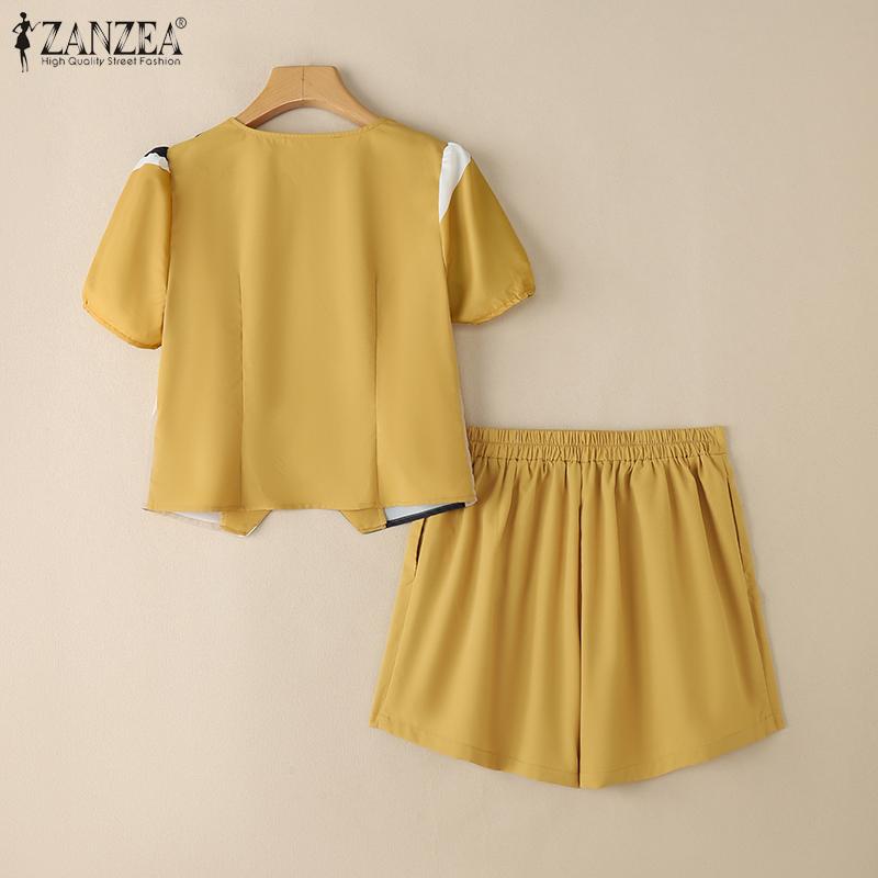 ZANZEA Women Short Sleeve Print Blouse and Shorts Summer Two Piece Suit Sets