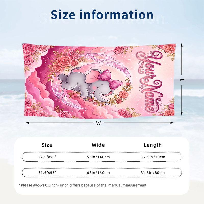 Elephant Theme Beach Towel Personalized Custom Name & Text Soft Quick Dry Beach Towel for Swimming Travel