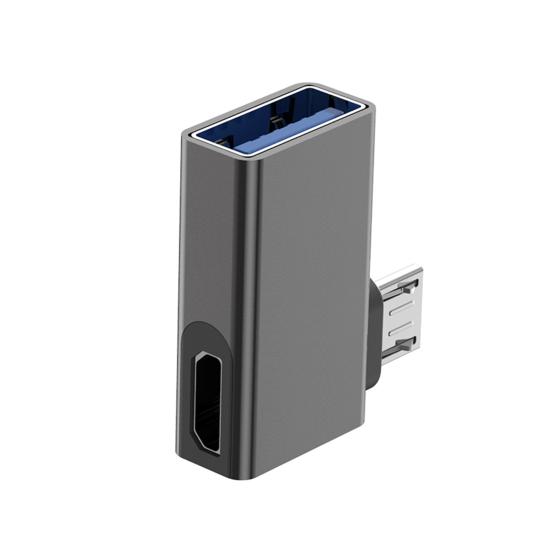 

Адаптер Micro USB к USB с угловым удлинителем 90 градусов, с функцией OTG и портом внешнего питания, стабильный источник питания для жестких дисков чёрный