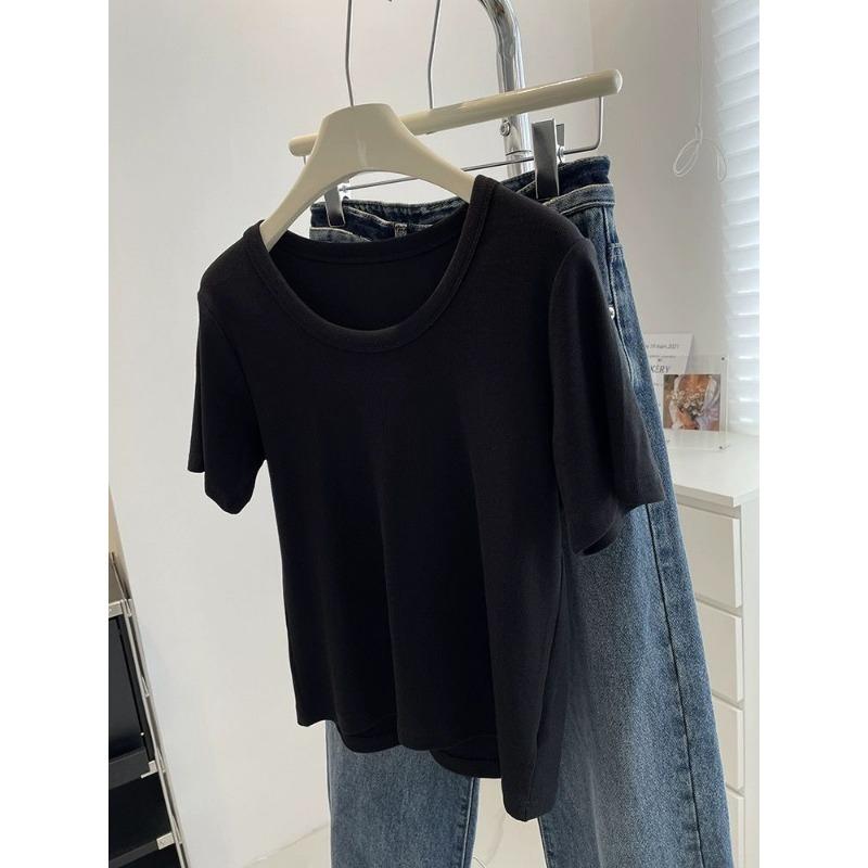 T-shirt da Donna Estiva Nuova Colore Unico Larga Slim Stile Coreano Spalla Destra Top Versatile