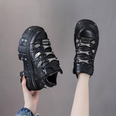 Ciemne Damskie Trampki na Grubej Podeszwie, Osobowość Heavy Metal, Gotycki Punk, Platformy, Buty Taty 8 cm