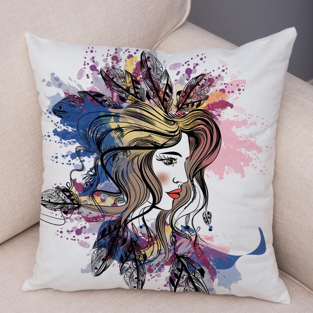 Boho Woman Art Pillowcase Double Print Fashion Lady Cushion Cover Soft Plush Portrait Pillowcase Bedroom Decor