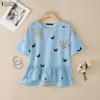 Women Casual Round Neck Loose Short Sleeve Print Blouse