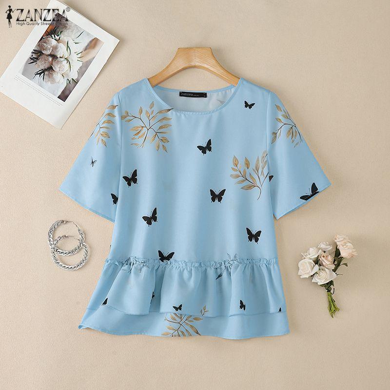 ZANZEA Women Casual Round Neck Loose Short Sleeve Print Blouse