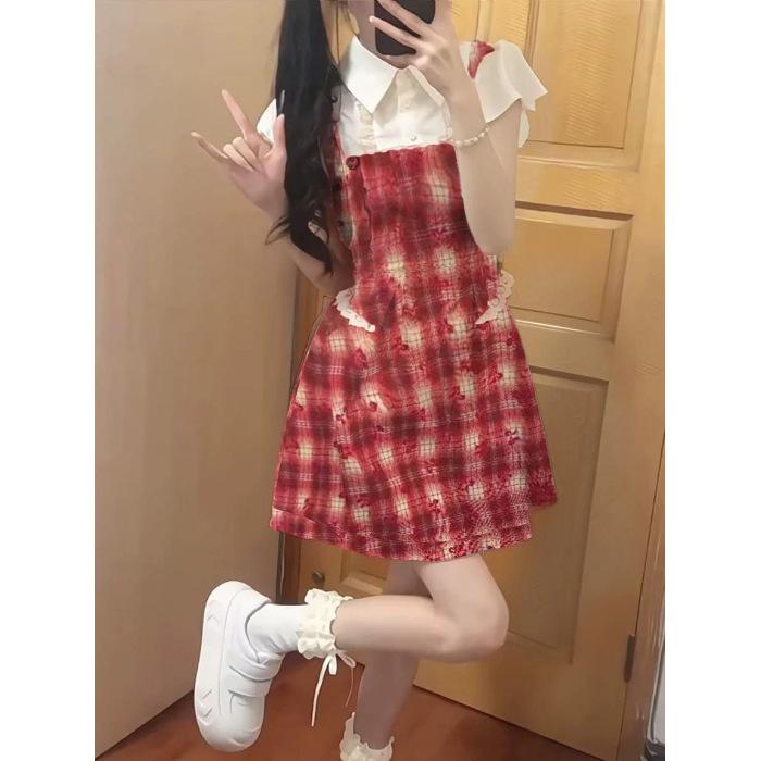 

Fake two-piece plaid dress children s summer new small college style waist skirt S