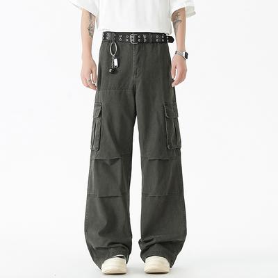 Pure Cotton Retro Three-dimensional Pocket Straight Work Pants Men's Loose High Street Wide-leg Pants