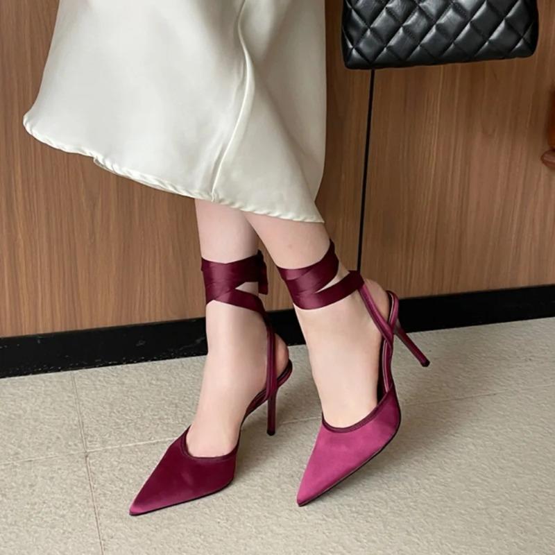 Pesstwei Fashion Slingback Ankle Lace-up Mules Women Pumps Sexy Thin High Heels Pointed Toe Banquet Stripper Shoes