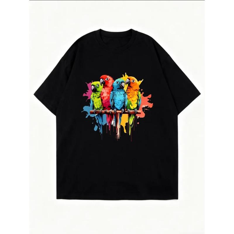 Übergroßes Damen-Kurzarm-T-Shirt mit buntem Papageien-Aquarelldruck