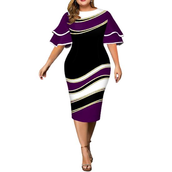 Lady Petticoats Plus Size Women Bodycon Dress Geometric Print Layered Bell Sleeve Autumn Round Neck Slim Midi Dress for Wedding