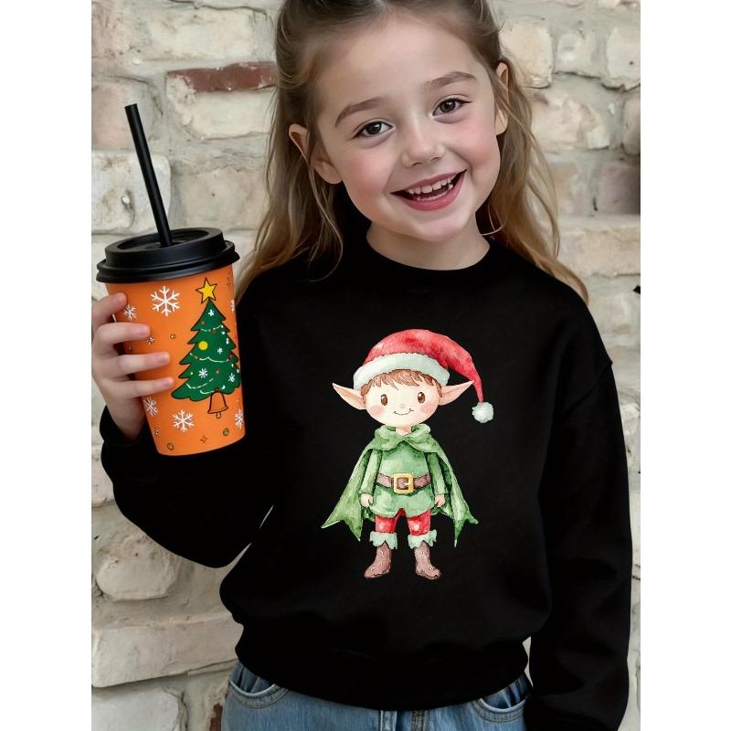 European sizes Kids Black Elf Print Christmas Sweater with Red & White Elf Design - Cozy Long Sleeve Round Neck Pullover 110 чёрный