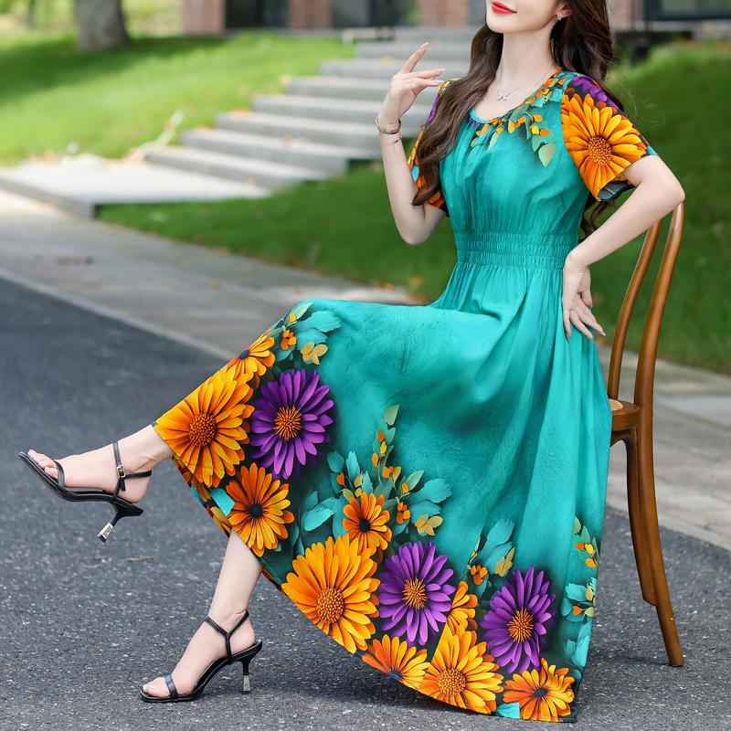 Elegantes Damenkleid Sommer Vintage Kleidung Lässig Kurzarm Lange Kleider
