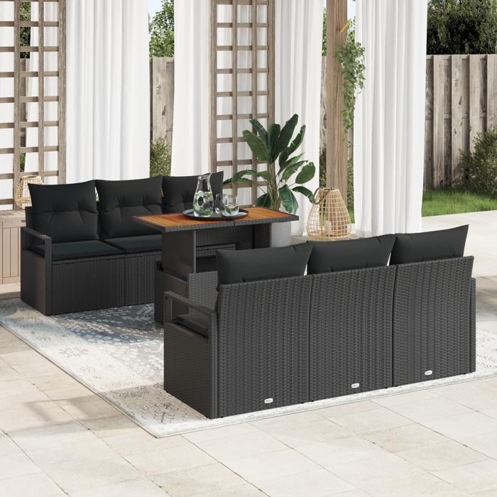 Ensemble de Canapé de Jardin de 7 Pièces avec Coussins Rattan Noir Poly, Canapé de Jardin 2 Places avec Rangement &amp; Coussins 3358396