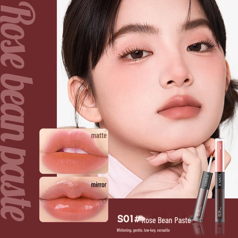 

Yizilu Вельветовая матовая помада и блеск для губ с двойным концом, цвет пасты из бобов, не липнет к чашке, финиш с эффектом чистого зеркала.