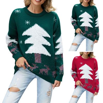 Pulôver feminino outono e inverno suéter de férias com árvore de Natal