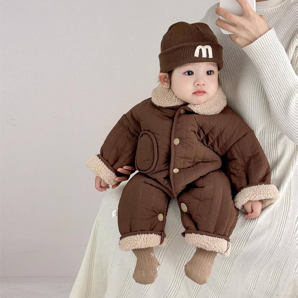 Coffee-Colored Fleece-Lined Baby Romper: Trendy Padded Cotton Jumpsuit for Boys/Girls