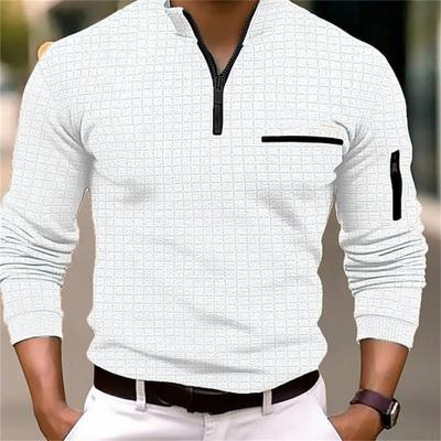 Frühling Herbst Herren Freizeit Kariertes Poloshirt Armreißverschluss Sport T-Shirt Trend Herren Stehkragen Langarm Oberteile