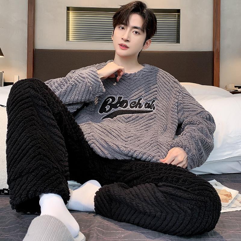 Men's pajamas coral fleece autumn and winter warm home leisure suits can be worn outside plush loungewear men's