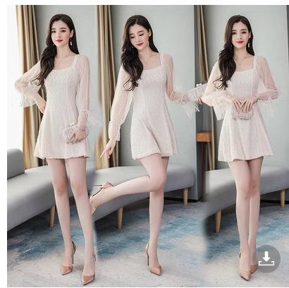 2026 new women's clothing chic small fragrant temperament medium and long mesh splicing long sleeves waist and thin dress women