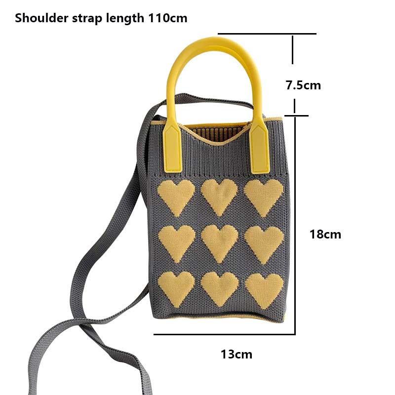 Korean Fashion Heart Knitted Mini Square Handbag For Women Small Mobile Phone Shoulder Bags Girls Cute Outdoor Crossbody Bags